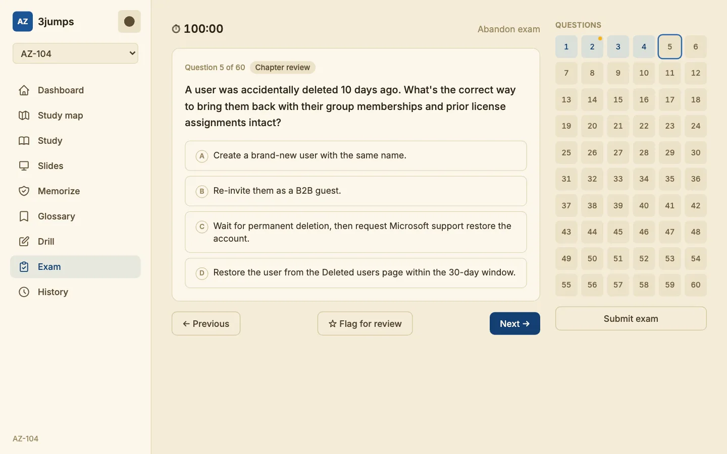 A timed exam simulation with a question, a flag button and the question grid.